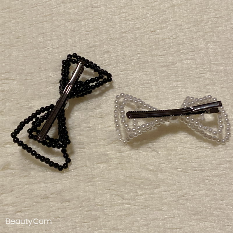 

11X4.5CM Black and white classic handmade pearl bow press clips hairpin side clip for ladies favorite headdress Jewelry Accessories vip gifts, Golden;silver
