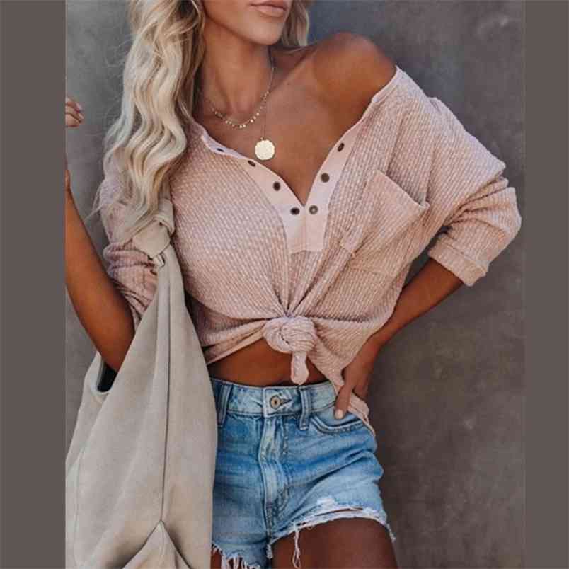 

Solid Color T Shirt Ladies V-neck Long Sleeve Pocket Tops Tee Women Clothes Casual Female Oversized Woman Tshirts 210517, Photo color