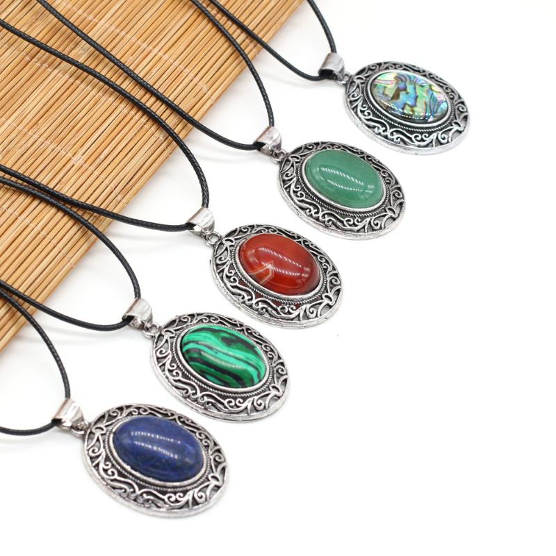

Pendant Necklaces Natural Stone Agates Crystal Egg Shape Turquoises Rose Quartzs Amethysts Necklace Women Gift Size 33x45mm Length 55cm, Silver