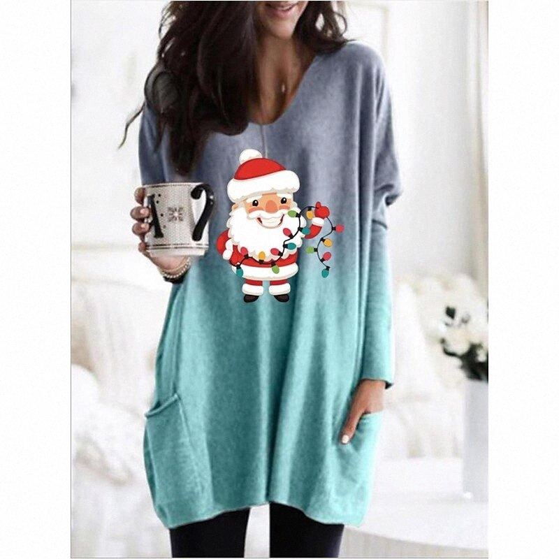 Women's Painting T shirt Color Gradient Graphic Santa Claus Pocket Print Round Neck Basic Tops Blue Purple Gray T5dz#