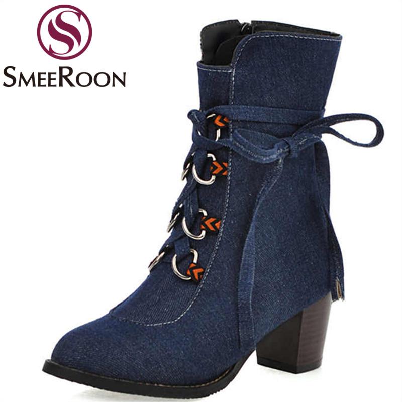 

Boots Smeeroon Plus Size 34-48 Women Lace Up Round Toe Denim Ankle Spring Autumn Shoes Ladies, Black