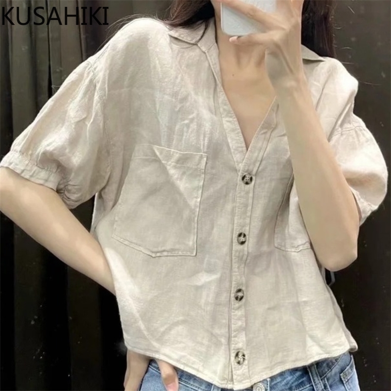 

Korean Causal Pockets Blouse Top Women Short Sleeve Turn-down Collar Shirt Summer Cotton Linen Blusas Mujer 6H897 210603, Khaki