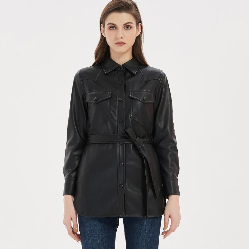 

Women's Leather & Faux Motorcycle Women Shirt Street Personality Black Single Buttons Pu Autumn Winter Casual Long Sleeve Tops Blouse