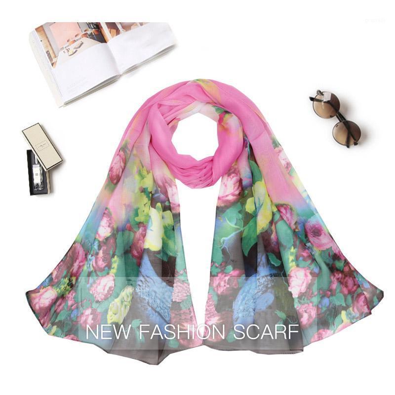 

Scarves High Quality Chiffon Silk Scarf Spring Summer Ladies Oil Painting Printing Shawl Seaside Vacation Thin Beach Women Bandana, Blue;gray