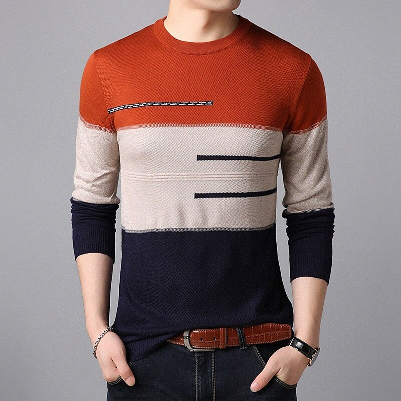 Men's Pullover Sweater Knitted Color Block Stylish Vintage Style Long Sleeve Sweater Cardigans Crew Neck Fall Winter Blue Orange Red E6YW#