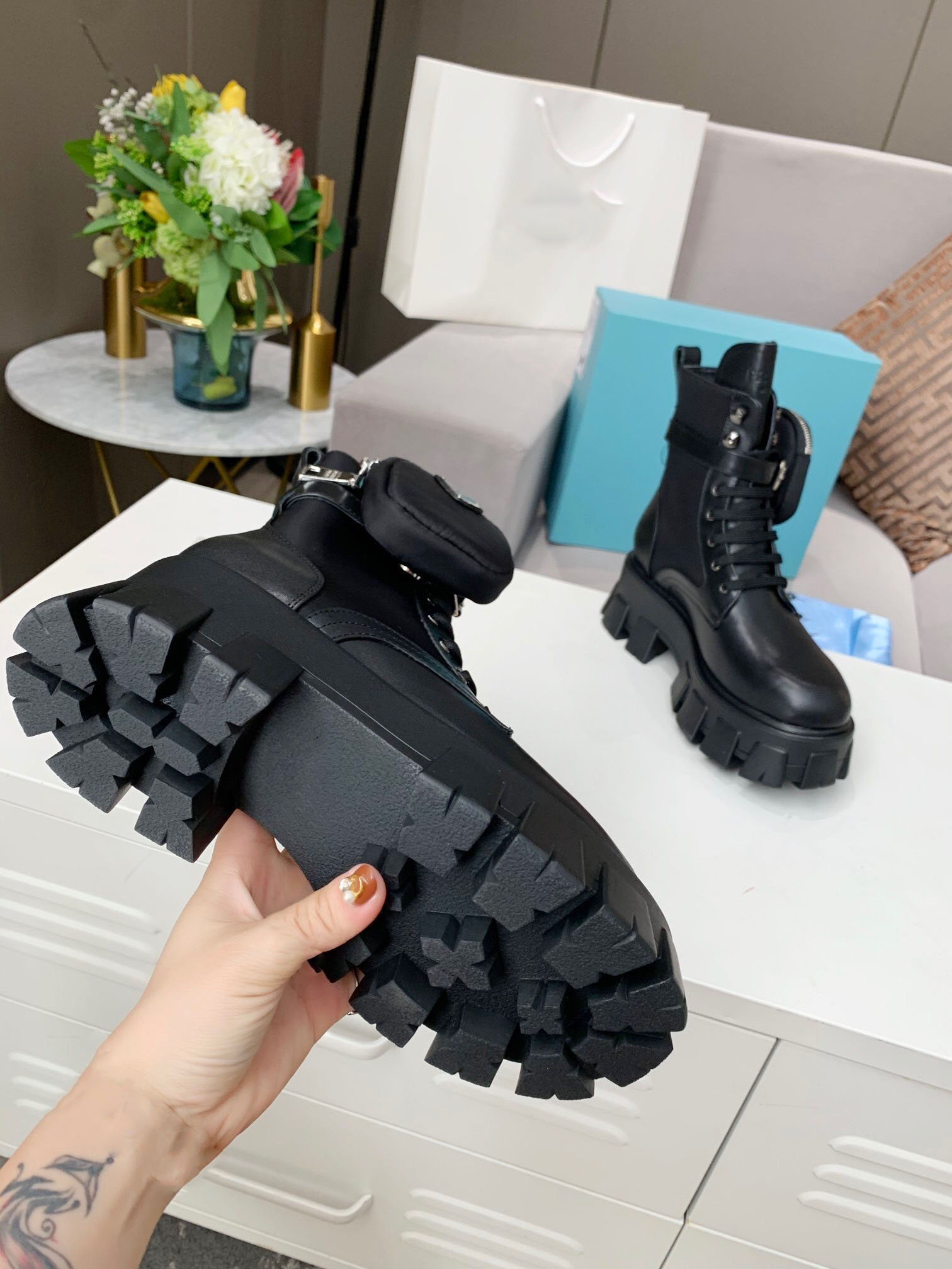 

Rois Leather and Monolith Re-Nylon Boot Ankle Bootss military inspired combat boots nylon pouch attached to the ankles with strap, 11#