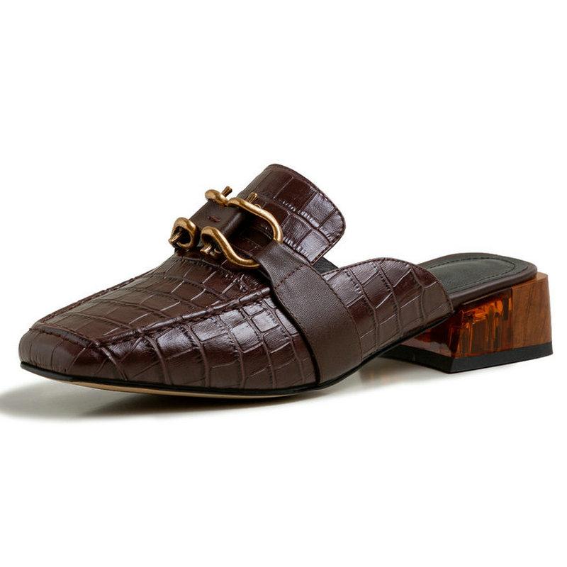 

Concise Women Mules Hanged Metal Classic Design 2021 Spring Summer Low Heels Pumps For Genuine Leather Shoes Woman Slippers, Black