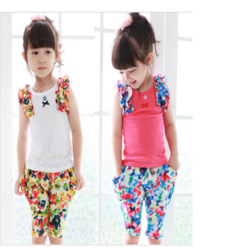 

2-7 ages 100% cotton high quality Summer sleeveless floral Kids children clothes kid suit T-shirt+pant girl Clothing Set 210615, White