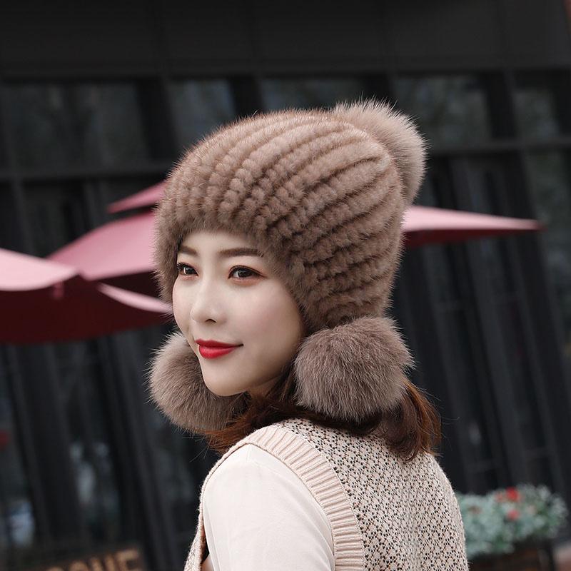 

Berets Real Genuine Natural Knitted Mink Hat Winter Warm Knit Hats Women Fur Ball Cap, Black