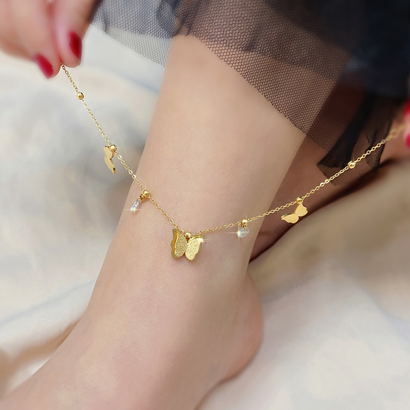Titanium Steel Colorless 18K Gold Plated Butterfly Anklet 211450-image-693052419