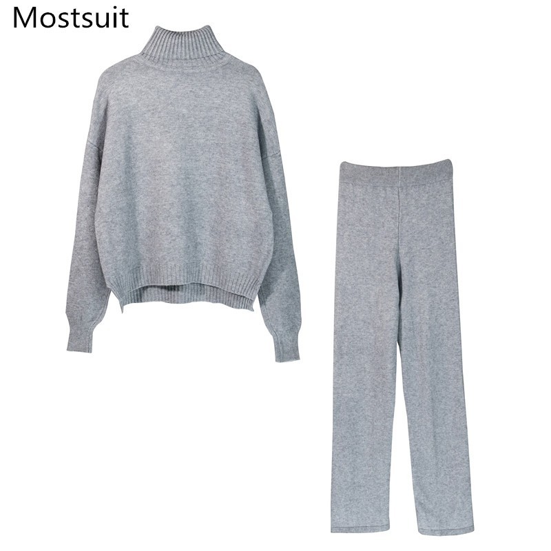 

Knitted Fashion Two Piece Pants Set Tracksuit Women Turtleneck Sweater + Wide Leg Casual Female Sport Warm 2 Pcs Sets 210518, Black