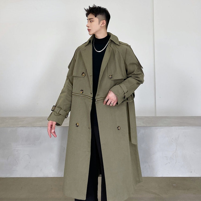 

Mens wear Fashion Chic Waist Detachable Double Wearing Trench Coat Men's New Loose Lapel Windbreaker Tide Autumn Winter 2021, Tan;black