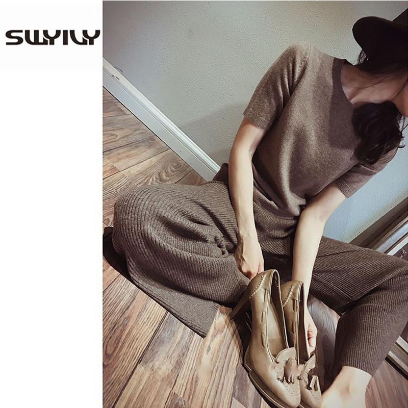 

Women' Two Piece Pants SWYIVY Women Sets Shirt +Pants Cashmere Warm Round Neck Short Sleeve 2021 Female Knit Wide Leg Suit Fashion Woman, Brown