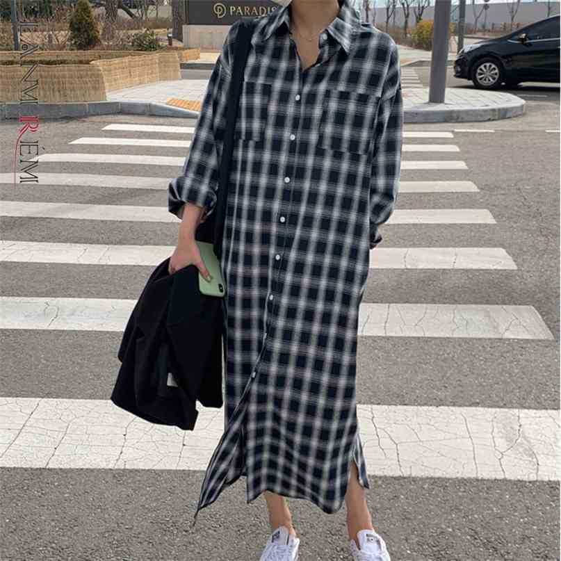 

Casual Midi Dress Long Sleeve Plaid Large Size Temperament Loose Fit Fashion Summer Women's 2P1683 210526, Black and white grid