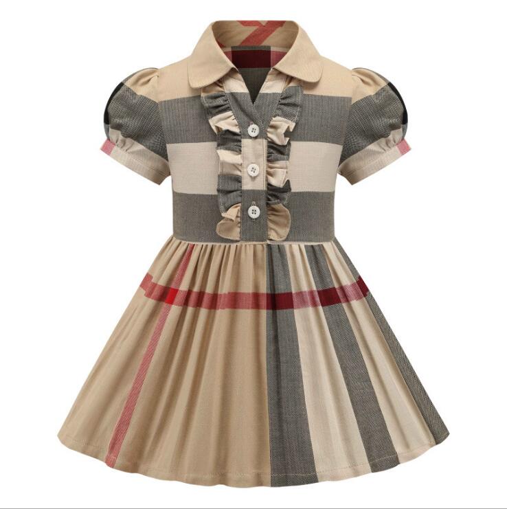 

Cute Girls Summer Plaid Dress Baby Girl Short Sleeve Dresses Kids Cotton A-Line Skirts Children Turn-Down Collar Skirt Child Clothes 2-7 Years, As picture
