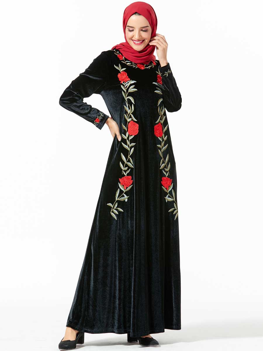 

Dubai Arab Muslim Dress Women Floral Embroidery Veet Abaya Muslim Long Dresses Middle East Turkish Kimono Islamic Clothing New