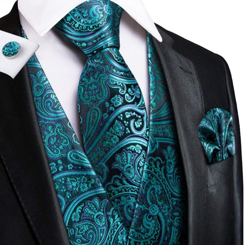 

Men' Vests Hi-Tie Teal Green Floral Paisley Silk Men Slim Waistcoat Necktie Set For Suit Dress Wedding 4PCS Vest Hanky Cufflink, Mj-0053