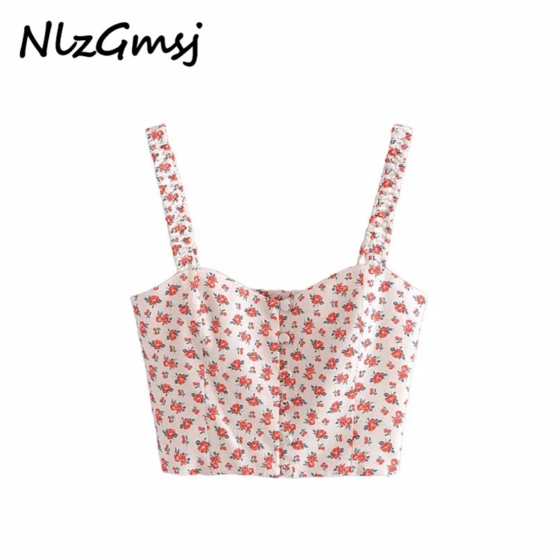 

Blouse Women Floral Print V Neck Camis Crop Top Spaghetti Strap Sleeveless Backless Blouses Shirts Female Tops 05 210628, As picture