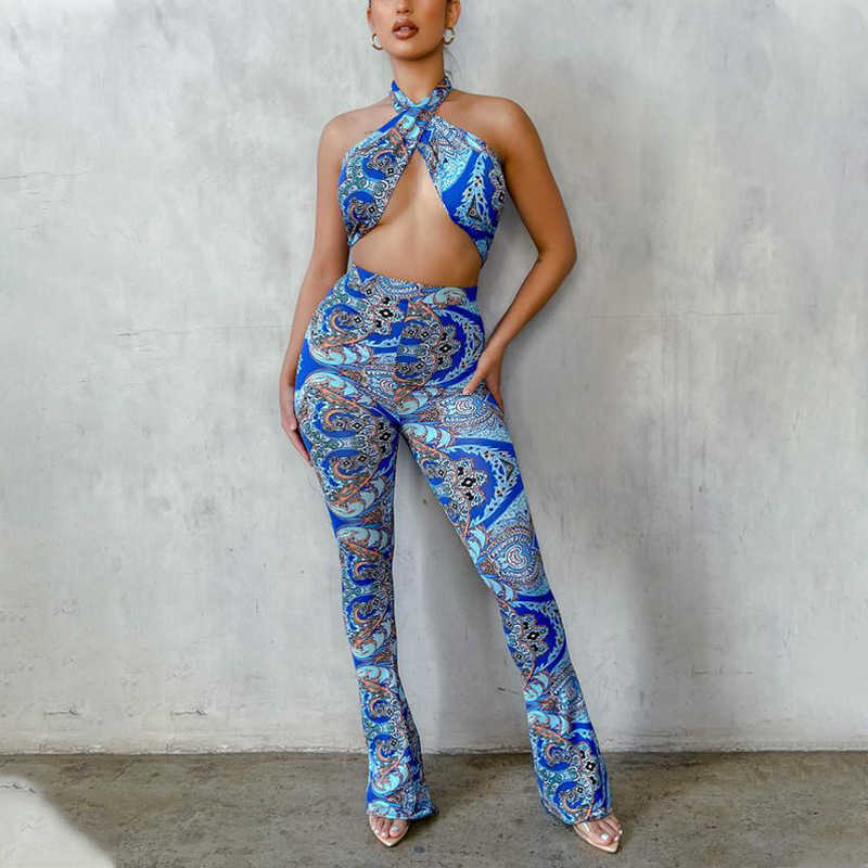 

Halter Sleeveless Backless Hollow Out Jumpsuit Summer Women Sexy Print High Waist Streetwear Bodycon Romper Femme Playsuits 210526, Green