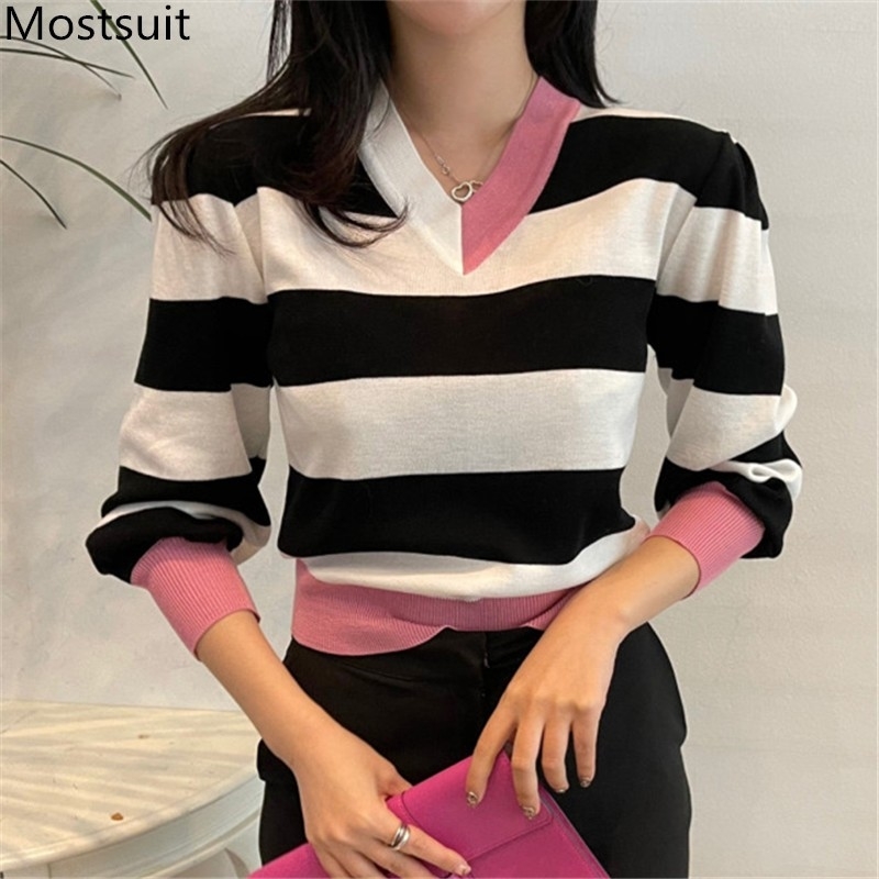 

V-neck Striped Women Pullover Sweater Spring Full Sleeve Color-blocked Casual Fashion Korean Female Jumpers Tops Femme 210518, Black