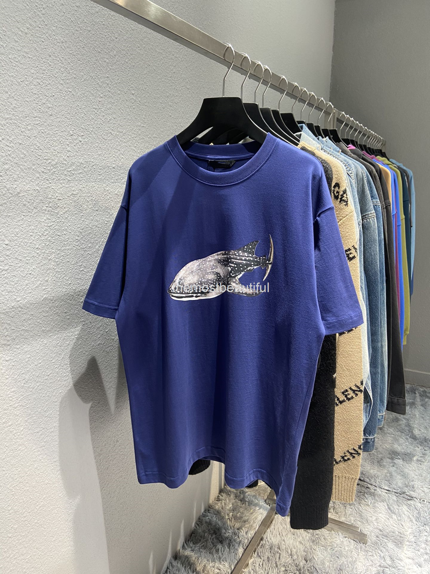 

Women's T-Shirt Spring and summer high version b whale print Pullover crew neck comfortable loose versatile men's women's T-shirt short sleeve, 2# packing bag