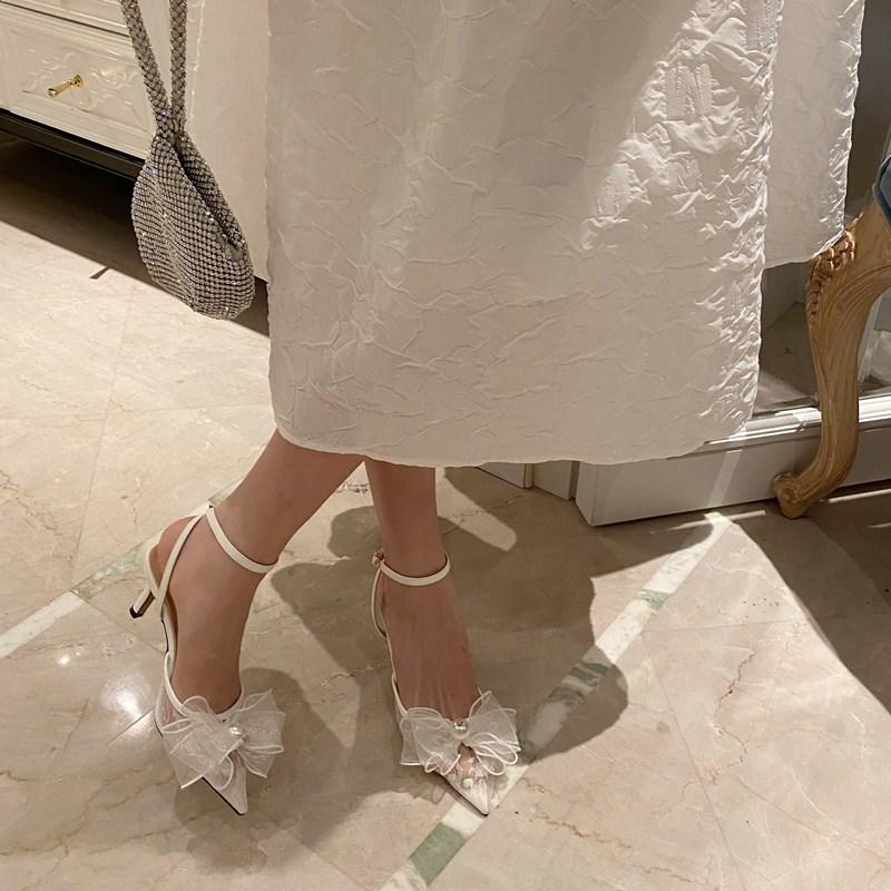 

Fashion Women Sandals Pointed Toe Bow Design Thin High Heels Ankle Strap Elegant Pumps White Wedding Shoes Size 39, Black