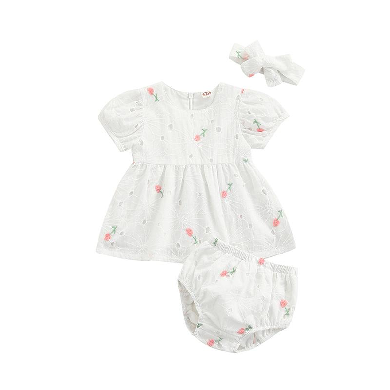 

Clothing Sets Infant Baby Girls Short Sleeve Dress + Briefs Bow Headband, Flower Embroidery Summer, White