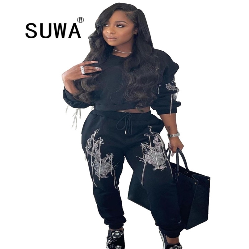 

Streetwear Cool Girl BF Style Long Sleeve Hoodies Sweatshirt Top And High Waist Dance Vintage Baggy Pants Trousers Wholesale 210525, Black