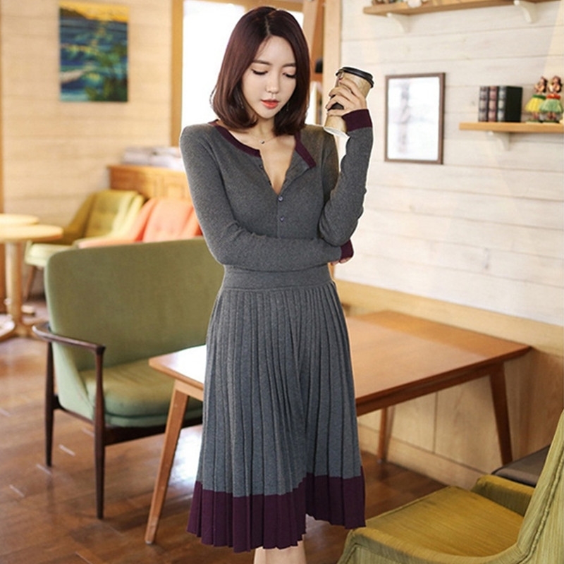 

Autumn And Winter Korean Knitted Dress Women Vintage Elegant Temperament Pleated Slim Sweater Dresses Vestidos 210520, Photo color