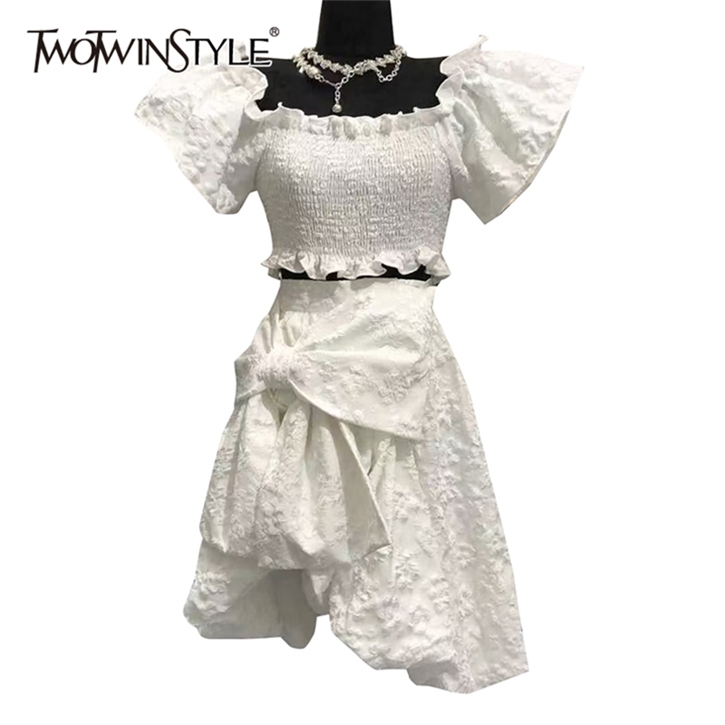

Solid Two Piece Set For Women Square Collar Short Sleeve Tops High Waist Irregular Skirts Casual Sets Female Summer 210520, White