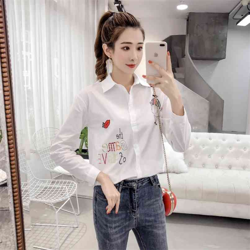 

Arrival Women White Shirt Letter Lip Girl Embroidery Full Sleeve Cotton Blouse Turn Down Collar Plus Size Loose Casual Top 210520