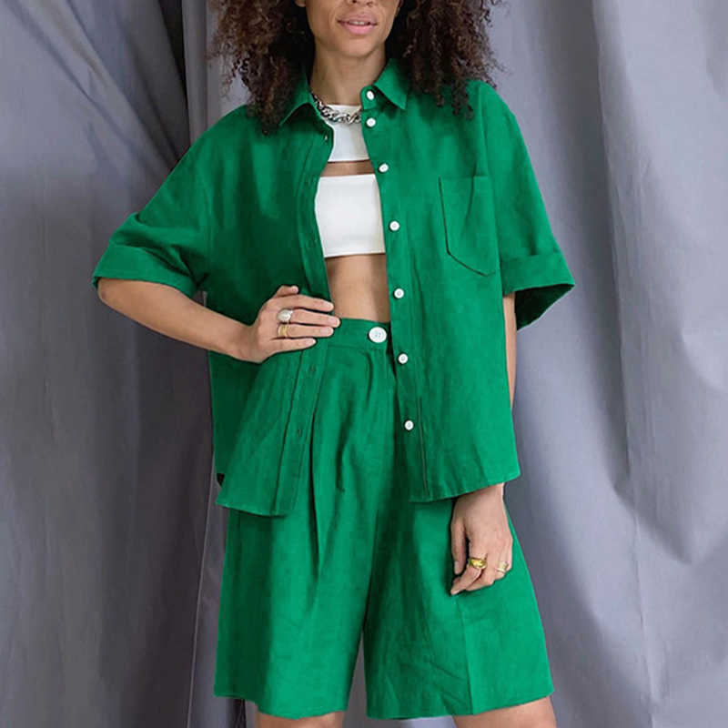 

Office Lady High Waist Shorts And Shirt Female Top Green Two Piece Set Women Summer Suit With Shorts Outfit Vintage Cotton 210709