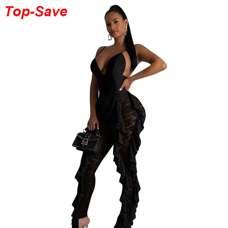 

Women' Jumpsuits & Rompers Fashion Casual Sexy Jumpsuit Woman Deep V-neck Nightclub Tight-fitting Backless Lace Bodycon Clothing Dropship, Black