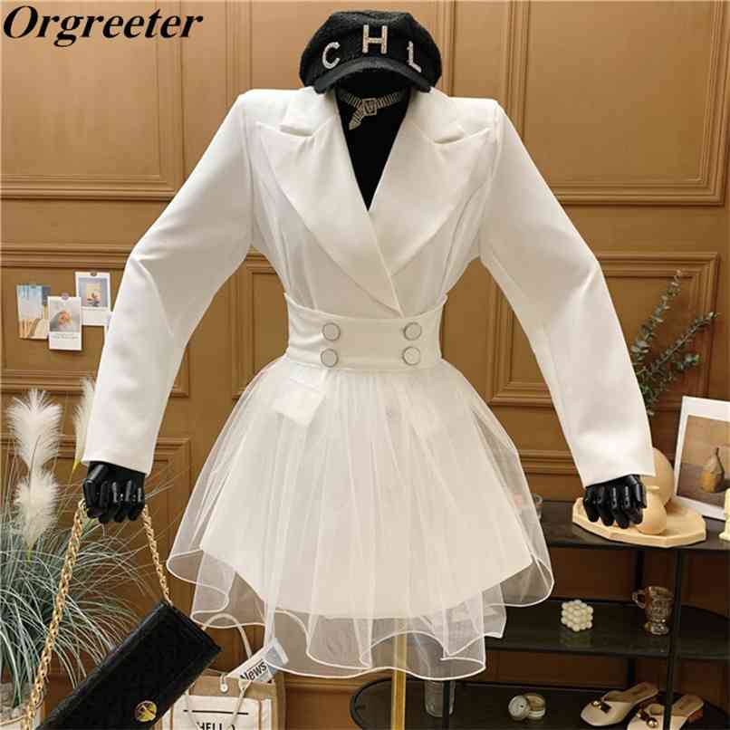 

Spring Summer Blazer Dress Two piece set Women Notched collar Jacket +Button Mesh Skirt Suits Female Outfits 210602, Short sleeve sets 2