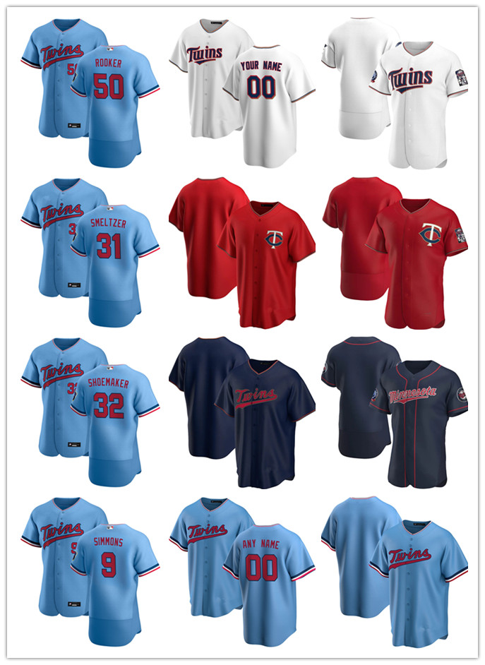 

Custom any name Jersey Mens women Youth Minnesota Twins 50 Brent Rooker 32 Matt Shoemaker 9 Andrelton Simmons 31 Devin Smeltzer, Blue;black