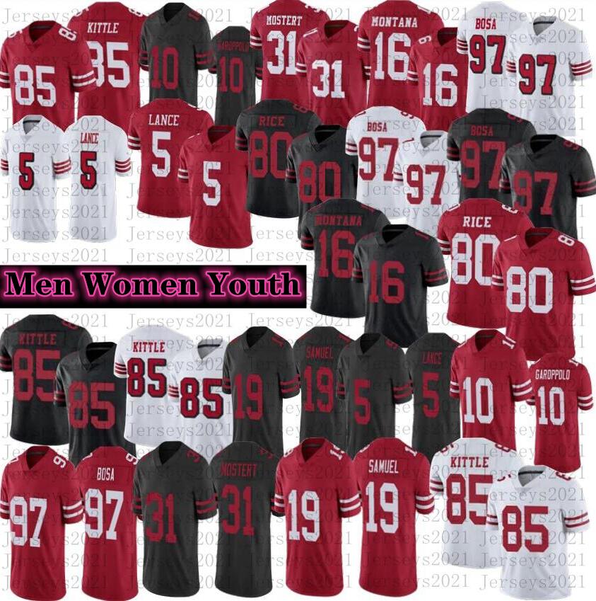 

Mens football 5 Trey Lance 85 George Kittle 10 Jimmy Garoppolo 97 Nick Bosa jerseys 19 Deebo Samuel 80 Jerry Rice 16 Joe Montana Stitched jersey, As