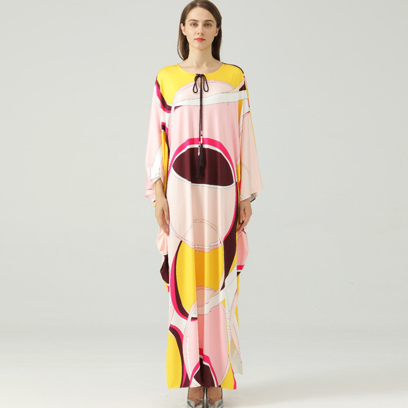 

Women' Runway Dresses O Neck Batwing Sleeves Lace Up Printed Fashion Long Holiday Dress, Multi