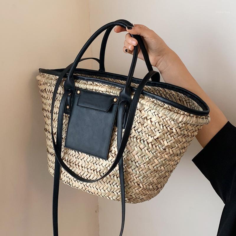 

Evening Bags High Quality Women Straw Summer Handbags Fashion Ladies Shoulder Messenger Designer Female Large Capacity Tote Beach Bag, Black