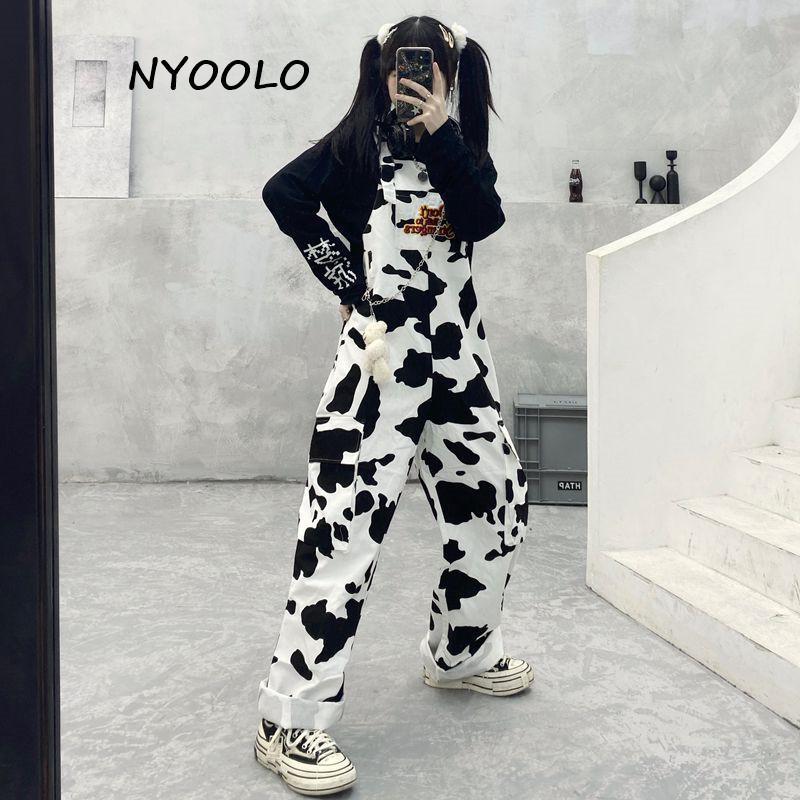 

Women's Jumpsuits & Rompers NYOOLO Harajuku Streetwear Hip Hop Cow Pattern Plaid Overalls Women Casual Loose Big Pockets Sleeveless Jumpsuit, Black;white