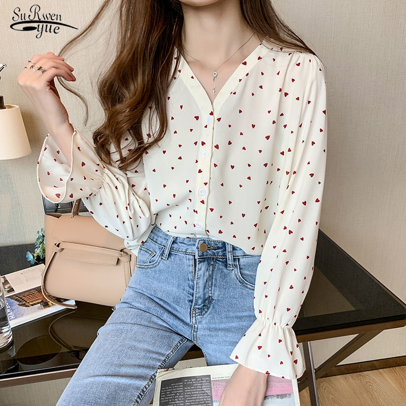 

Autumn Elegant Printed Trumpet Sleeves Floral Tops V-neck Long Sleeve Chiffon Blouse Women Loose Chemisier Femme 10683 210521, Red