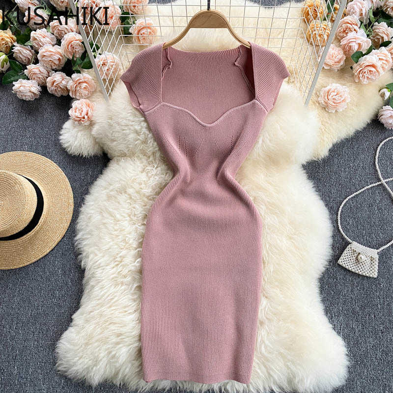 

KUSAHIKI Knitted Bodycon Dress Korean Square Collar Short Sleeve Summer Dresses Stretch Slim Sweater Vestidos 6H939 210602, Lake blue