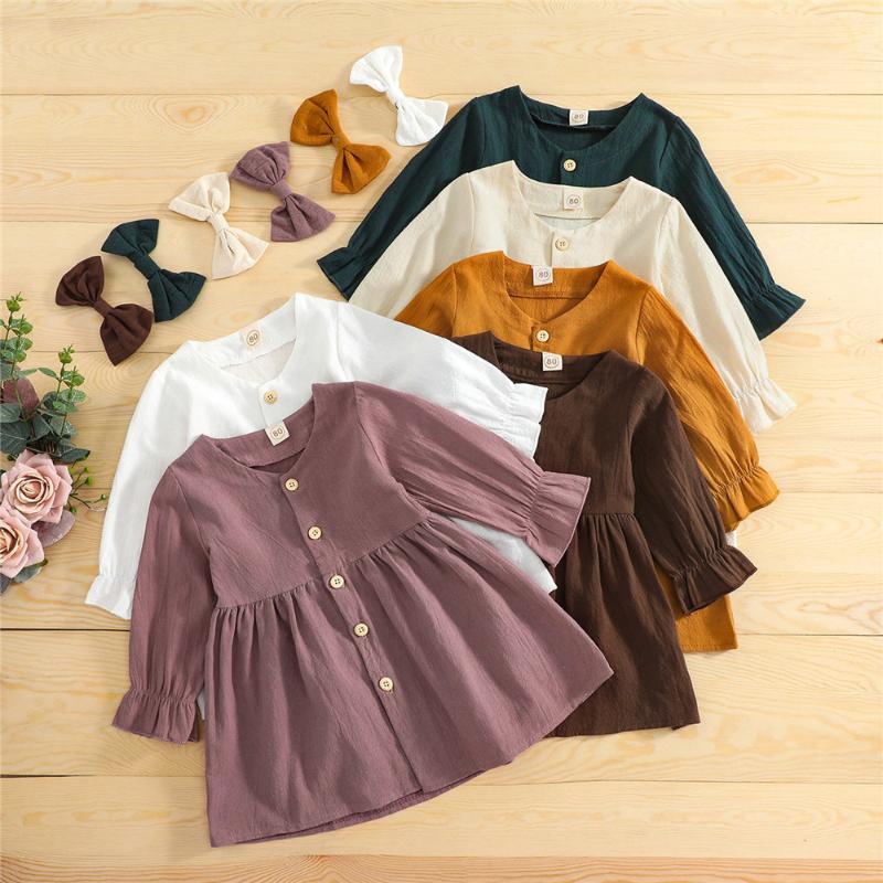 

Girl's Dresses Baby Girl Fashion Puff Sleeve Shirt Dress Princess 6M-4Y Infant Toddler Kids Spring Fall Casual Solid Cotton Linen, Purple