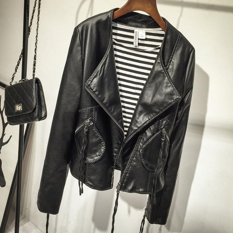 

Women's Leather & Faux Spring Autumn Fashion Womens Trench Coats Slim Long Sleeve Short Outwear Zipper PU Coat, Black