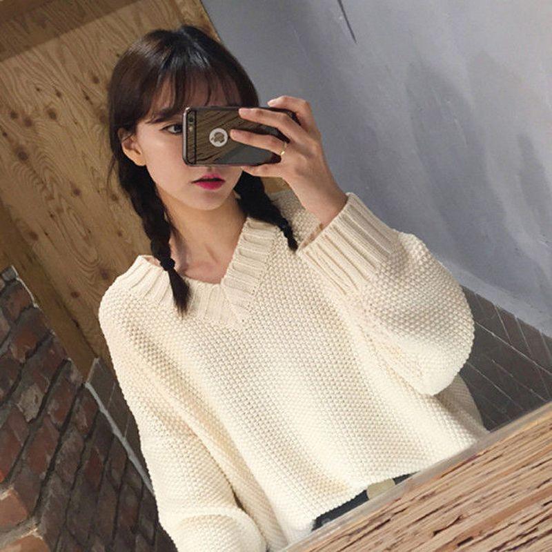 

Women's Sweaters Sweater Spring Autumn V-neck Long-sleeved Knit Pullover Women Solid Trend Western-style Loose Casual Woman Clothes, White;black