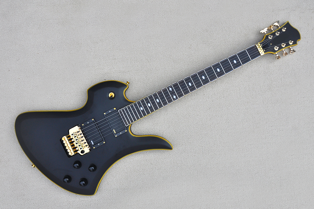 

Factory Custom Unusual Shape Matte Black Electric Guitar with Yellow Binding,Gold Hardware,Active Pickups,Rosewood Fretboard,Offer Customized
