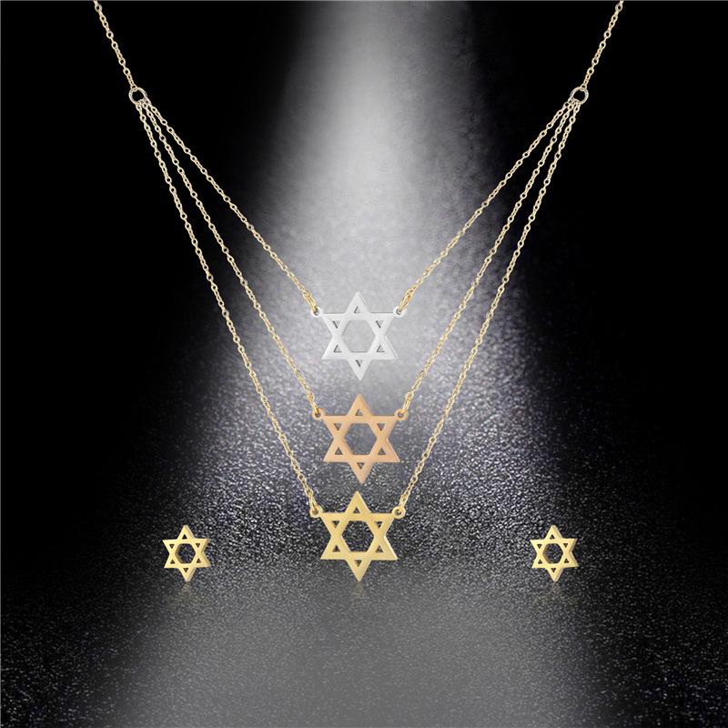 

Earrings & Necklace Europe And America Titanium Steel Three-color Geometric Star Multilayer Three-layer Hexagon Pendant Earring Set, Silver