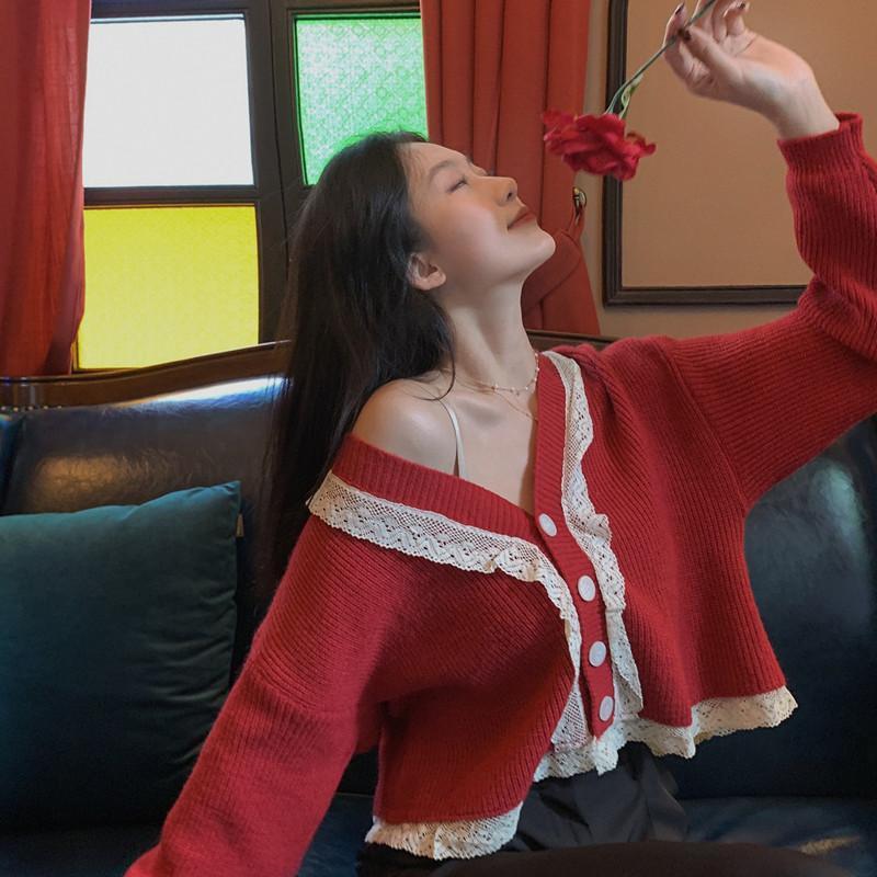 

women's sweaters korean autumn and winter sweet temperament lace seams loose cardigan button long sleeve outerwear feminine bocr, White;black