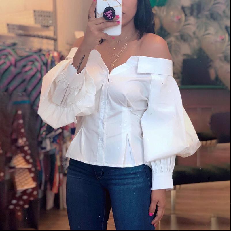 

womens t shirt solid color tshirt female offer shoulder one lantern sleeves white long sleeve sj2080y