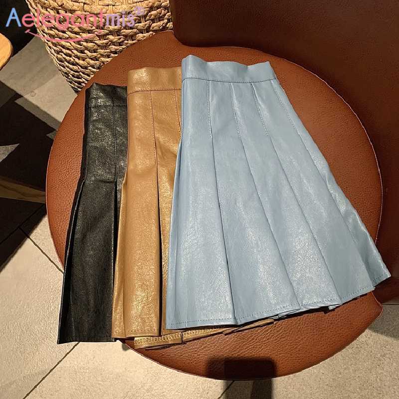 

Aelegantmis High Quality Women Solid Pu Mini Pleated Skirt Korean Fashion Vintage Female Slim Cute Leather Harajuku Chic 210607, Sky blue