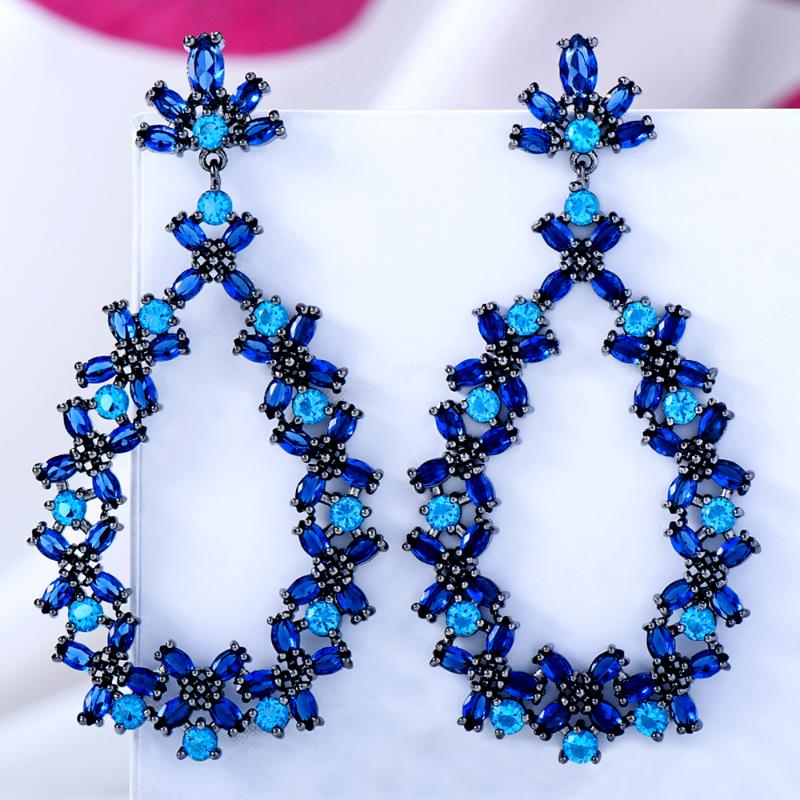 

Dangle & Chandelier GODKI Blue Flowers Earrings For Women Wedding Miami Prong Cuban Chain Link Cubic Zirconia CZ Set Hip Hop Chains, Silver
